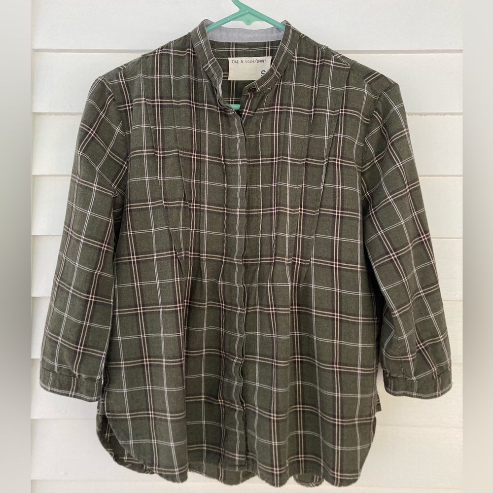 rag & bone | Olive Plaid 3/4 Sleeve Blouse Size Small